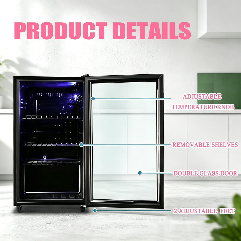 WANAI Beverage Refrigerator and Cooler with Glass Door - 120 Cans Capacity, 3.5 Cu.ft Small Beer Fridge for Drinks, Soda, Wine - Mini Cooler with 7 Adjustable Temperature Control