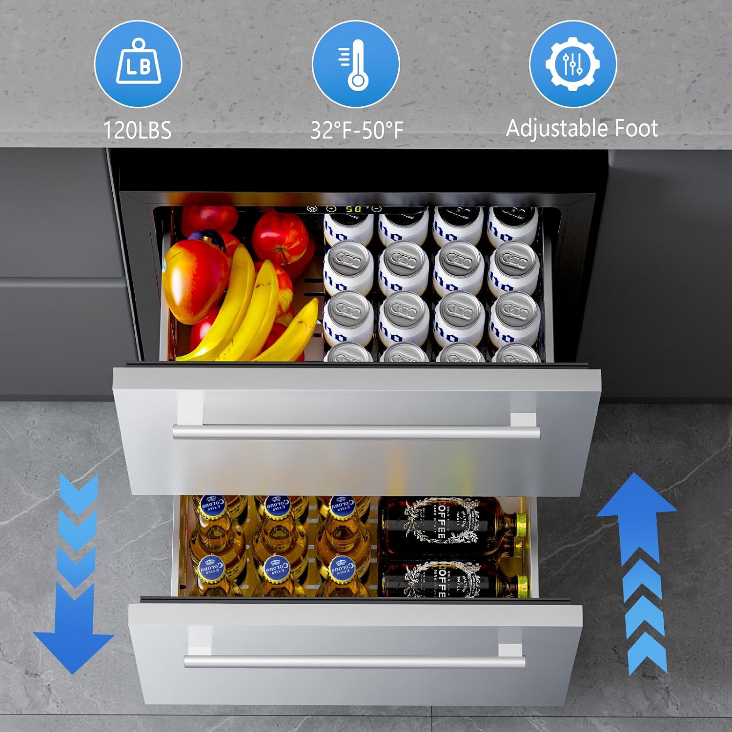 COWSAR Under Counter Double Drawer Refrigerator, 24 Inch Weather Proof Outdoor Beverage Fridge, Built-in Stainless Steel Beverage Cooler, 145 Cans for Kitchen & Commercial, Silver