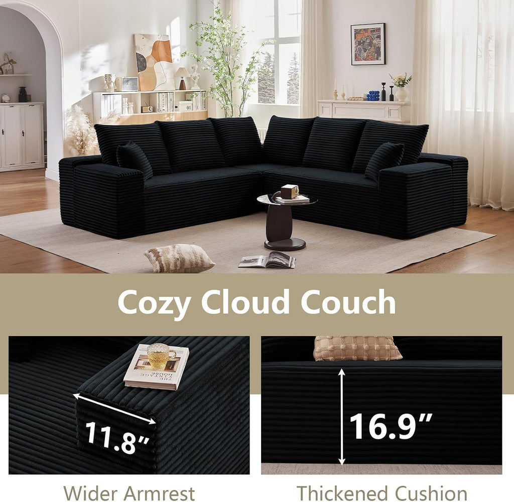 Sectional Cloud Couch for Living Room, Modern Modular Floor Deep-Seat Sofa, Upholstered L Shaped Sofas, Big Comfy Corduroy Couches Set for Living Room Bedroom, No Assembly Required, Black
