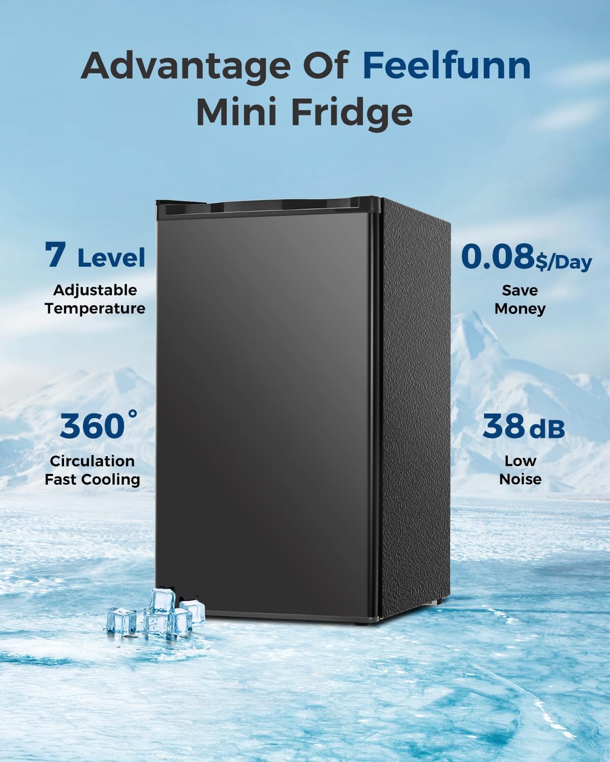 Feelfunn Mini Fridge with Freezer - 3.2 Cu.Ft Single Door Mini Refrigerator with Adjustable Thermostat, Small Fridge for Bedroom, Apartment, Dorm - Black