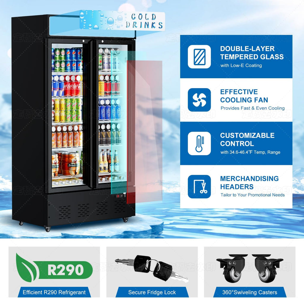 41.3''W Commercial Beverage Refrigerators, 30 Cu.ft. Glass Door Refrigerator Upright Display Cooler with Soft LED Light and Adjustable Shelves for Restaurant Grocery Stores Home