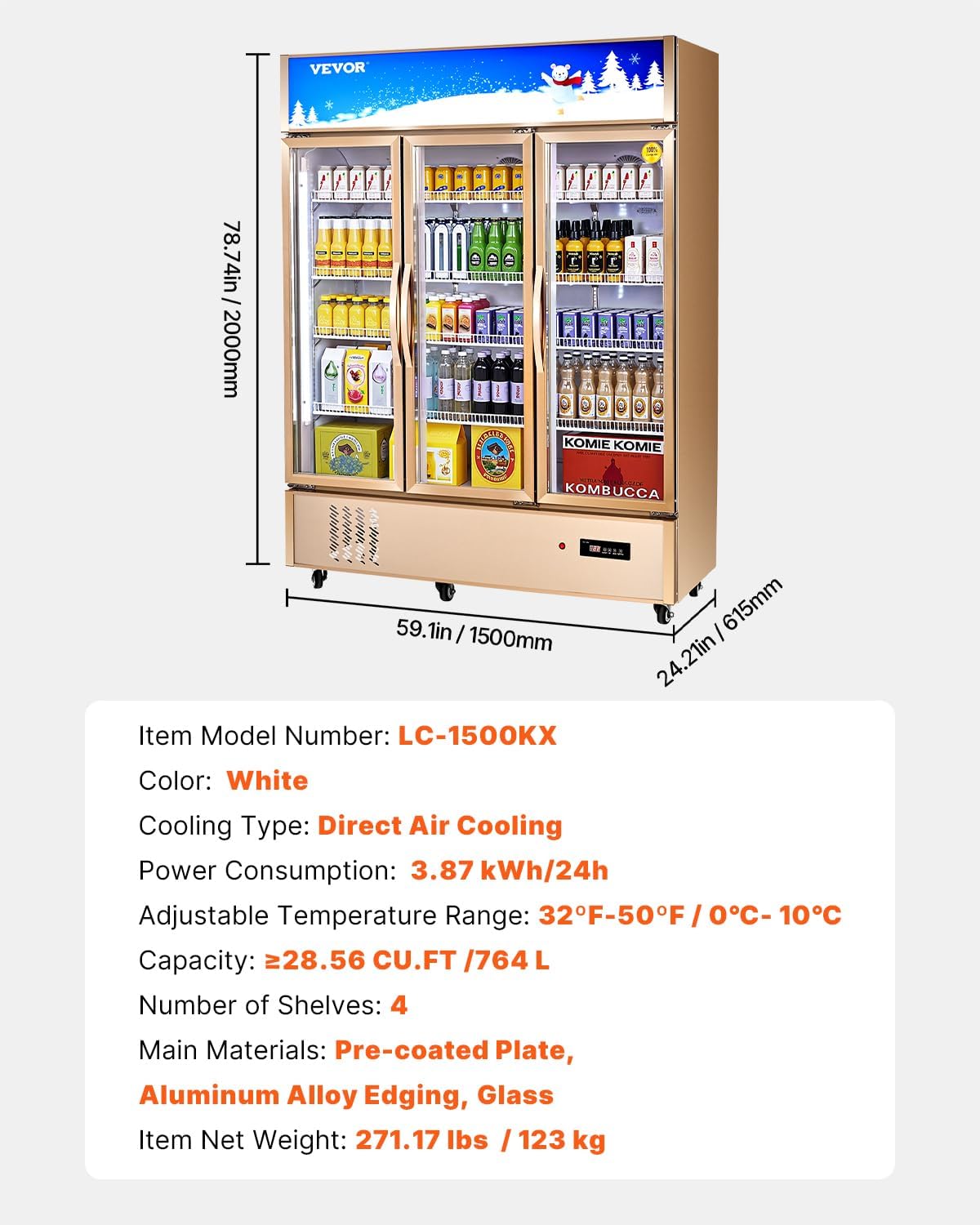 VEVOR Commercial Merchandiser Refrigerator Triple Glass Doors, Cubic Ft, Upright Display Beverage Cooler 79' Tall x 60' Width, Fridge with LED Lighting for Drink Wine Soda, Gold, 35 cu.ft