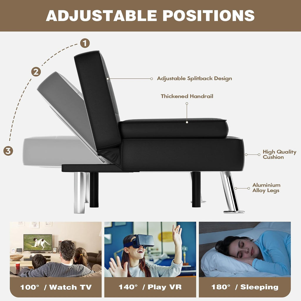 Homall Futon Sofa Bed, Leather Futon Couch with Removable Armrests, Adjustable Recliner Sleeper Sofa Bed with Dual Cup Holders for Living Room, Apartment, Office (Black), 30.7 x 65 x 28