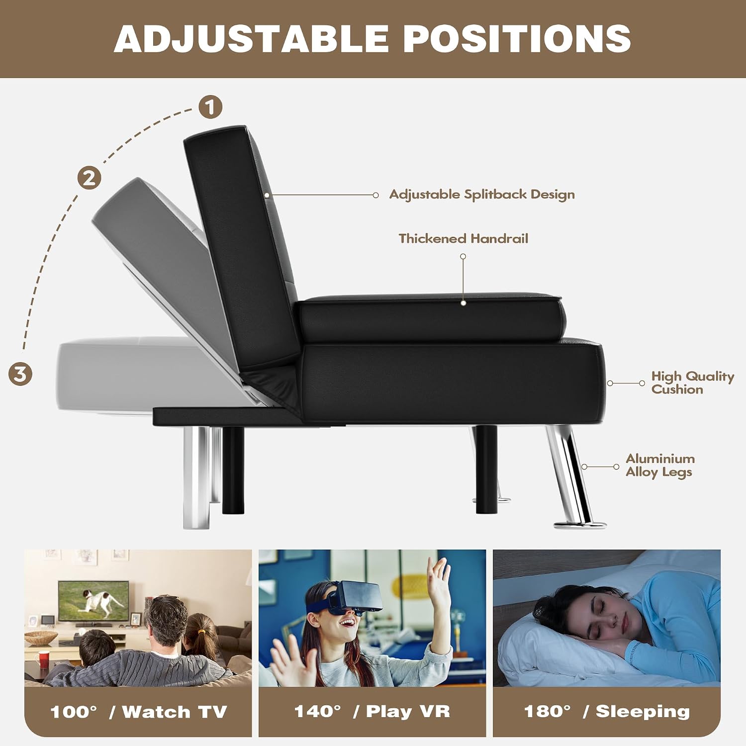 Homall Futon Sofa Bed, Leather Futon Couch with Removable Armrests, Adjustable Recliner Sleeper Sofa Bed with Dual Cup Holders for Living Room, Apartment, Office (Black), 30.7 x 65 x 28