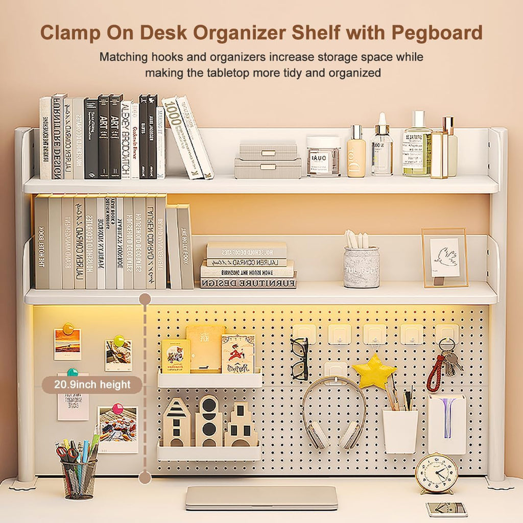 Clamp on Desk Shelf with Pegboard, Desktop Organization Bookshelf Storage Shelves for Home Office Dorm Gaming Desk, Space Saving Tabletop Display Rack