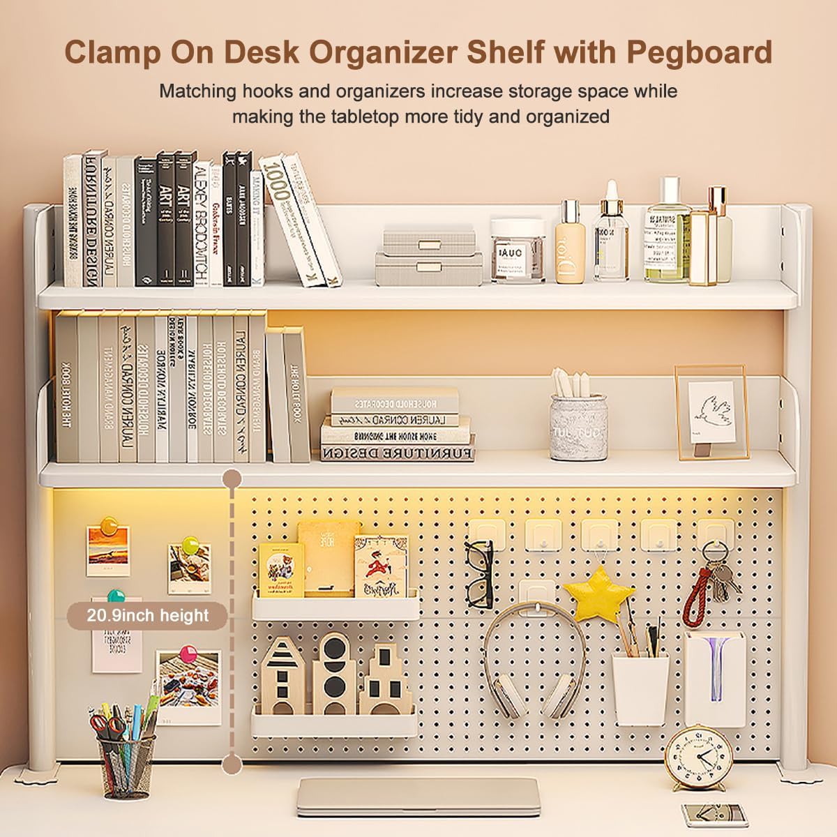 Clamp on Desk Shelf with Pegboard, Desktop Organization Bookshelf Storage Shelves for Home Office Dorm Gaming Desk, Space Saving Tabletop Display Rack