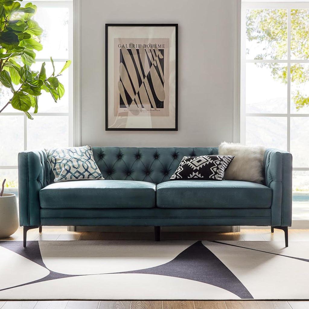 HULALA HOME 84' W Faux Leather Sofa, Mid Century Modern Couch with Metal Legs and Button Tufted, 3 Seater Contemporary Upholstered Couches for Living Room, Entertainment Area, Apartment, Blue