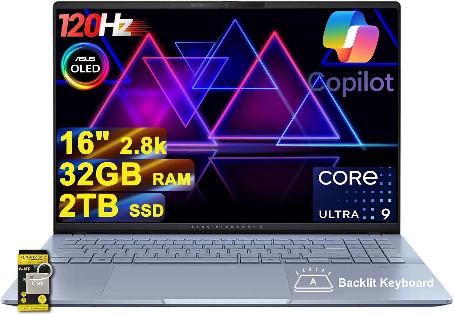 ASUS Vivobook S16 AI PC Laptop 16' 2.8k OLED 120Hz (600nits, 100% DCI-P3) Intel 16-core Ultra 9 285H 32GB RAM 2TB SSD Backlit for Creator Designer Business Professional Win11 ICP Hub