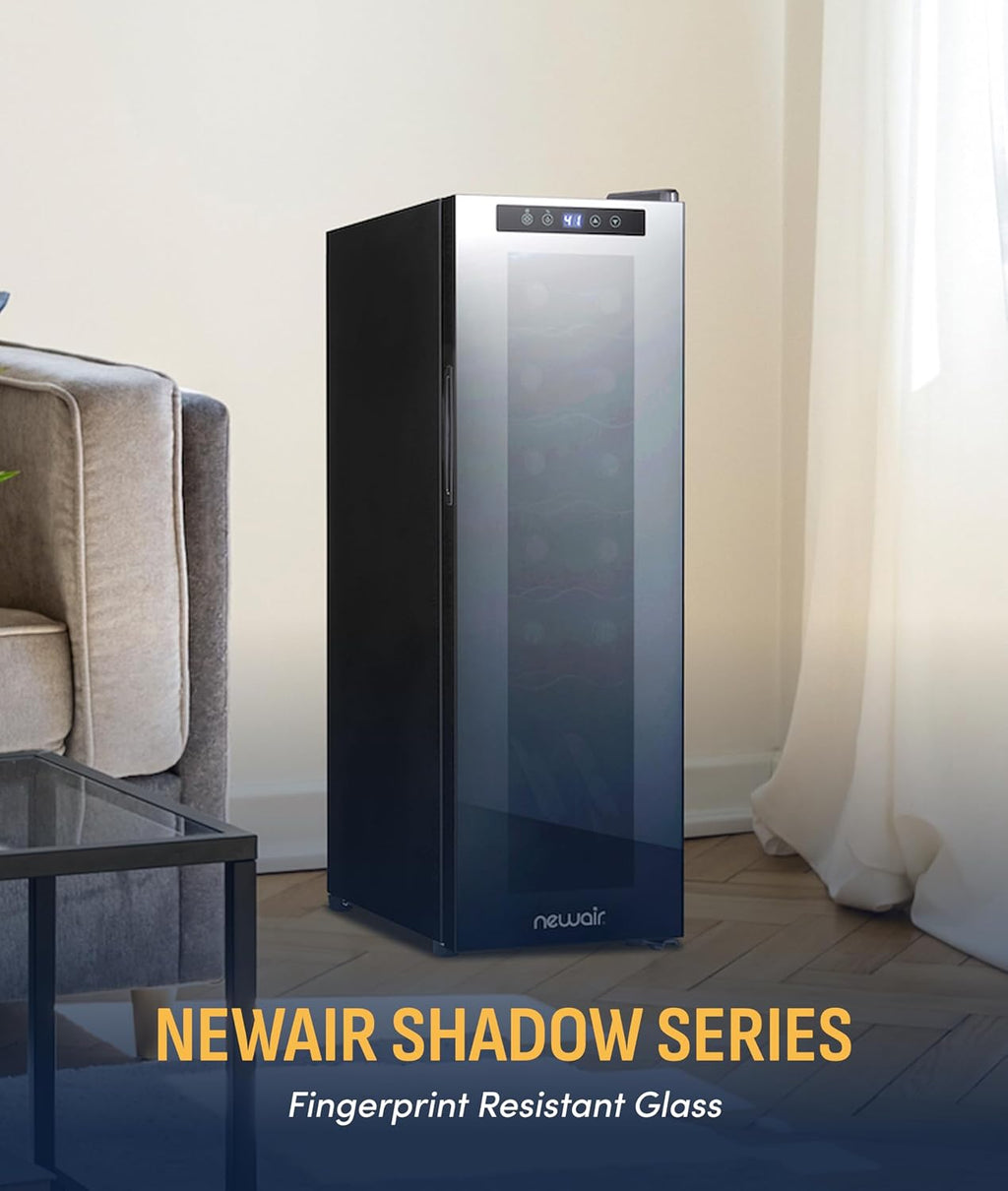 NewAir 10' Wine Fridge for 12 Bottles | Freestanding Wine Cooler Refrigerator with Glass Door | Compact Countertop Storage with Precision Cooling & Quiet Operation | Black