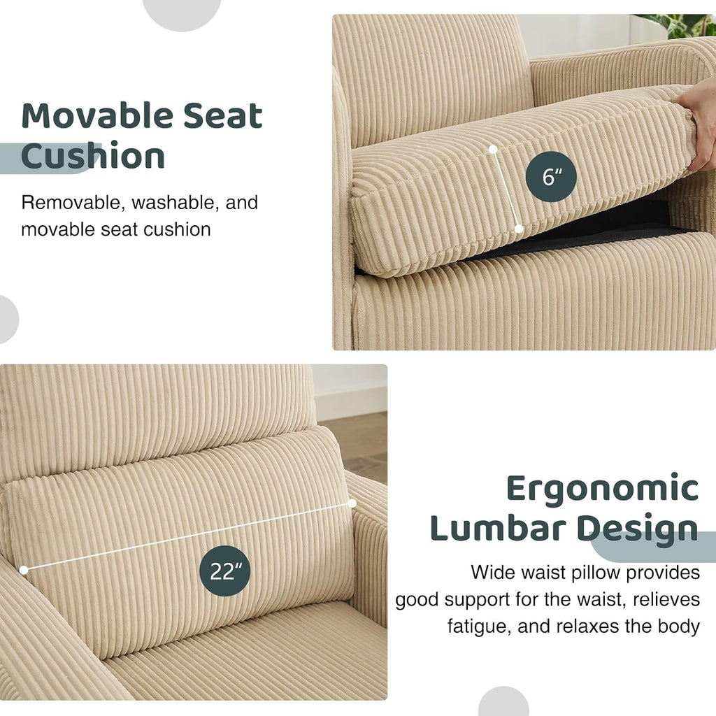 Swivel Rocker Recliner, Oversized Power Recliner Nursery Glider with Removable Cushion, Upholstered Swivel Reclining Chairs for Nursery Living Room Bedroom, Corduroy Camel