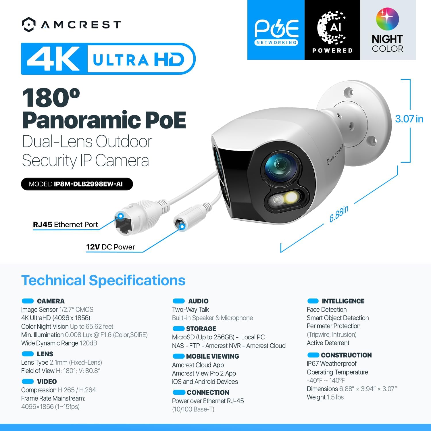 Amcrest Dual-Lens 4K (8MP) Outdoor Security POE Camera, 2 x 4MP Lenses PoE AI Bullet IP Camera, 65ft Night Color, Face Detection, Panoramic 180° FOV, 4K@15fps IP8M-DLB2998EW-AI (White)