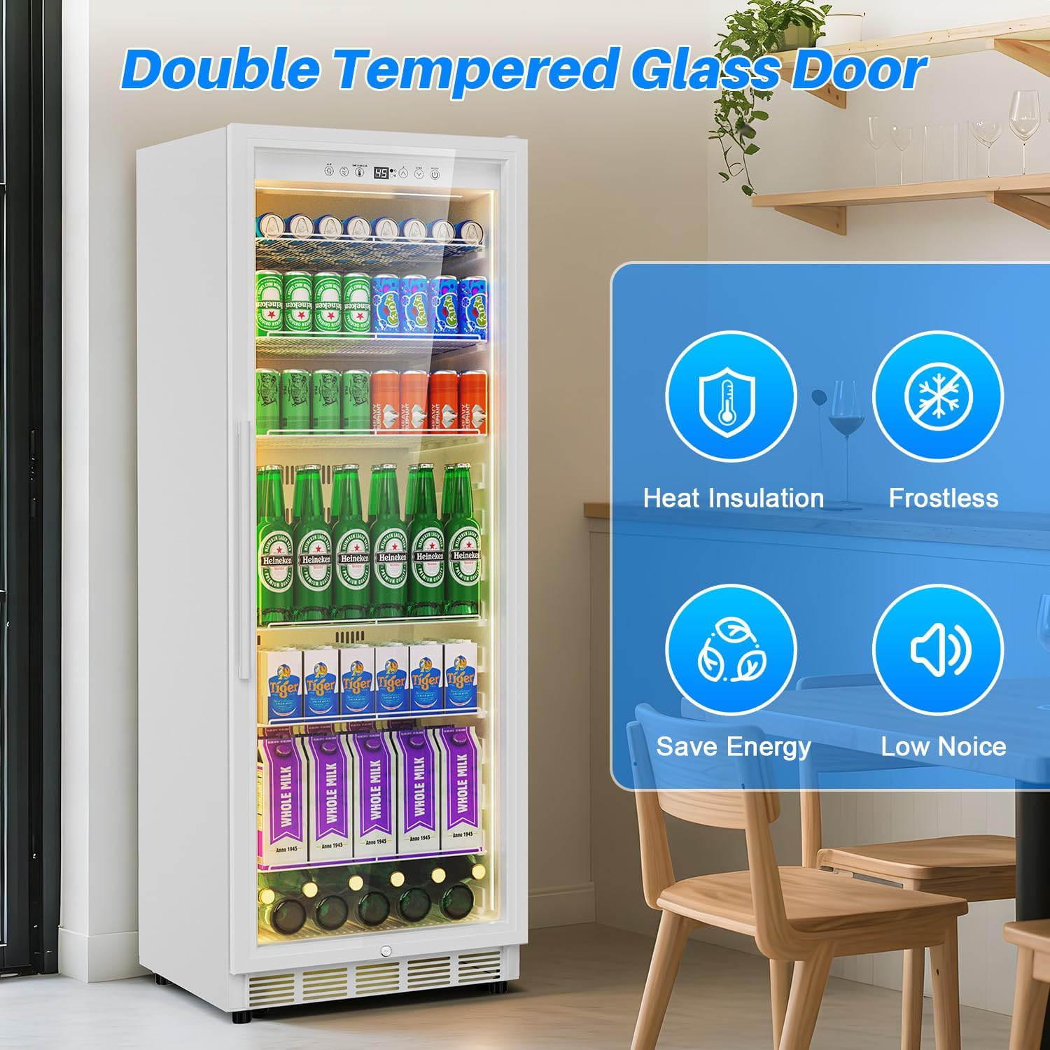 Velivi Commercial Display Beverage Fridge: 13.8 Cu Ft Upright Cooler with Glass Door, LED Lighting, Low Noise, and Rapid Cooling for Restaurants, Shops, and Offices (White)