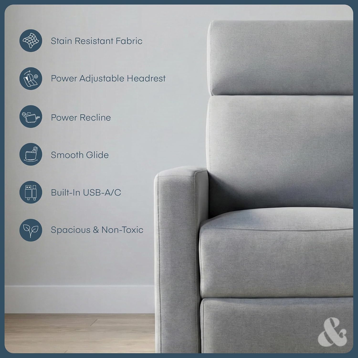 Nurture& The Glider Premium Power Recliner Nursery Glider Chair with Adjustable Head Support | Designed with a Thoughtful Combination of Function and Comfort | Built-in USB Charger (Gray)