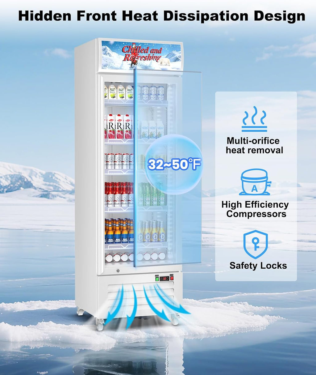 Tylza Commercial Refrigerator with Glass Door Display Beverage Fridge, 13.52 Cu Ft Upright Beverage Cooler Merchandiser with Rebound Door, Fast Cooling, Low Noise, White