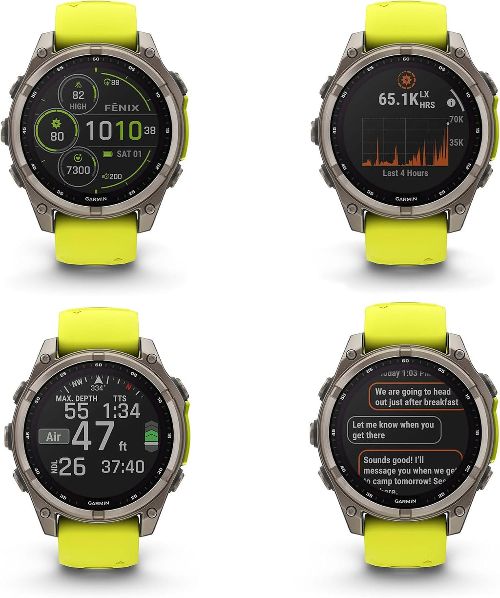 Garmin Fenix 8 47MM Solar Sapphire Multisport GPS Smartwatch Titanium with Amp Yellow Silicone Band, 48 Days Battery Life Smart Watch Pro Bundle