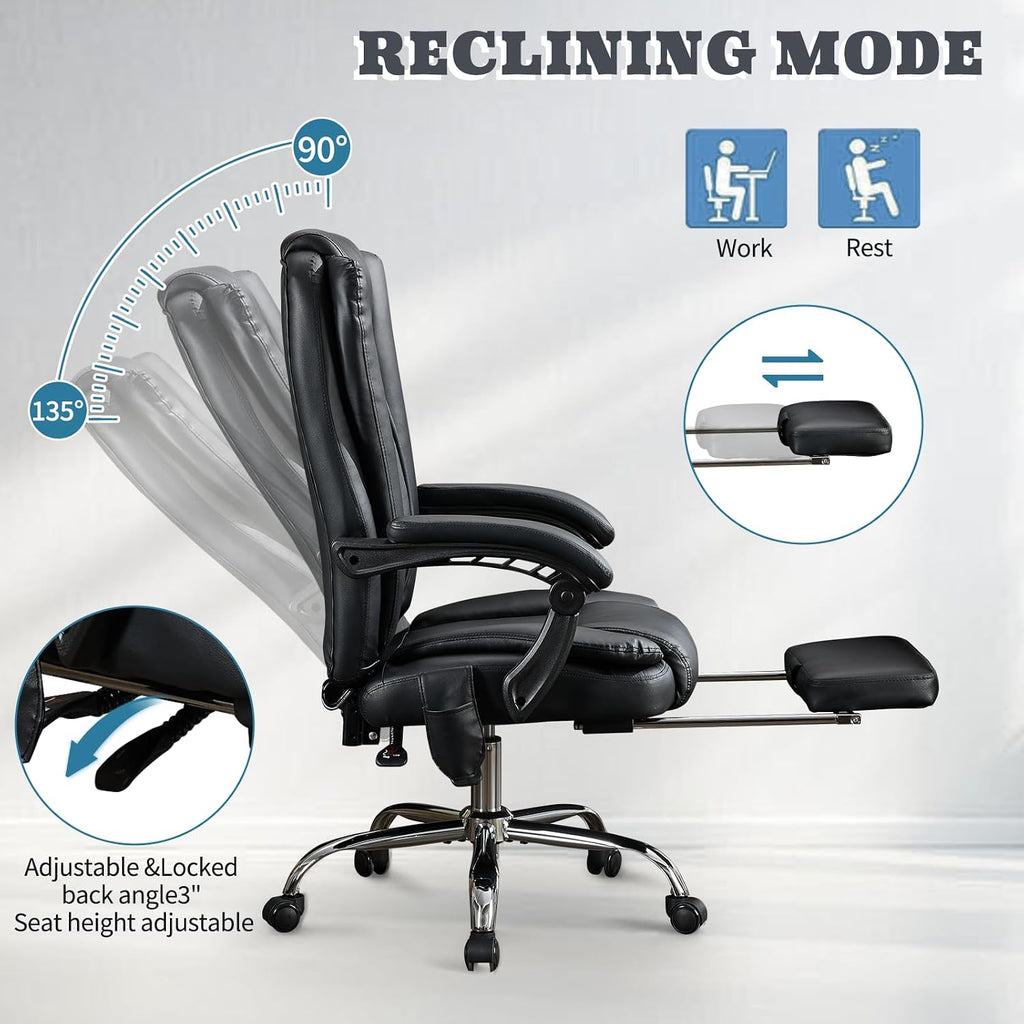 Massage Office Chair with Footrest, Heated 6-Point Vibration Ergonomic Executive Office Chair for Home, Big and Tall 500lbs Capacity Reclining High Back Computer Chair for Heavy People, PU Leather