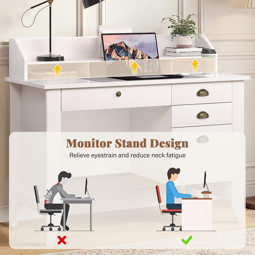 4 EVER WINNER White Desk with Drawers, 47'' Small Desk with File Drawer for Small Spaces, Wood Computer Desk with Monitor Stand for Home Office, Bedroom, White