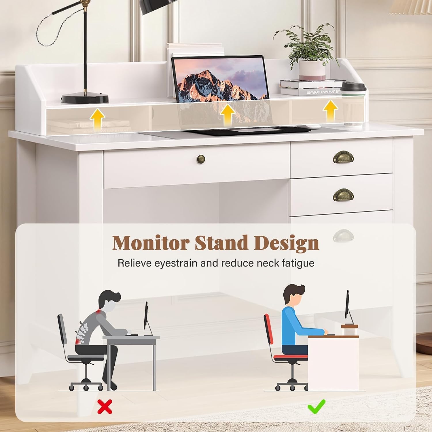 4 EVER WINNER White Desk with Drawers, 47'' Small Desk with File Drawer for Small Spaces, Wood Computer Desk with Monitor Stand for Home Office, Bedroom, White