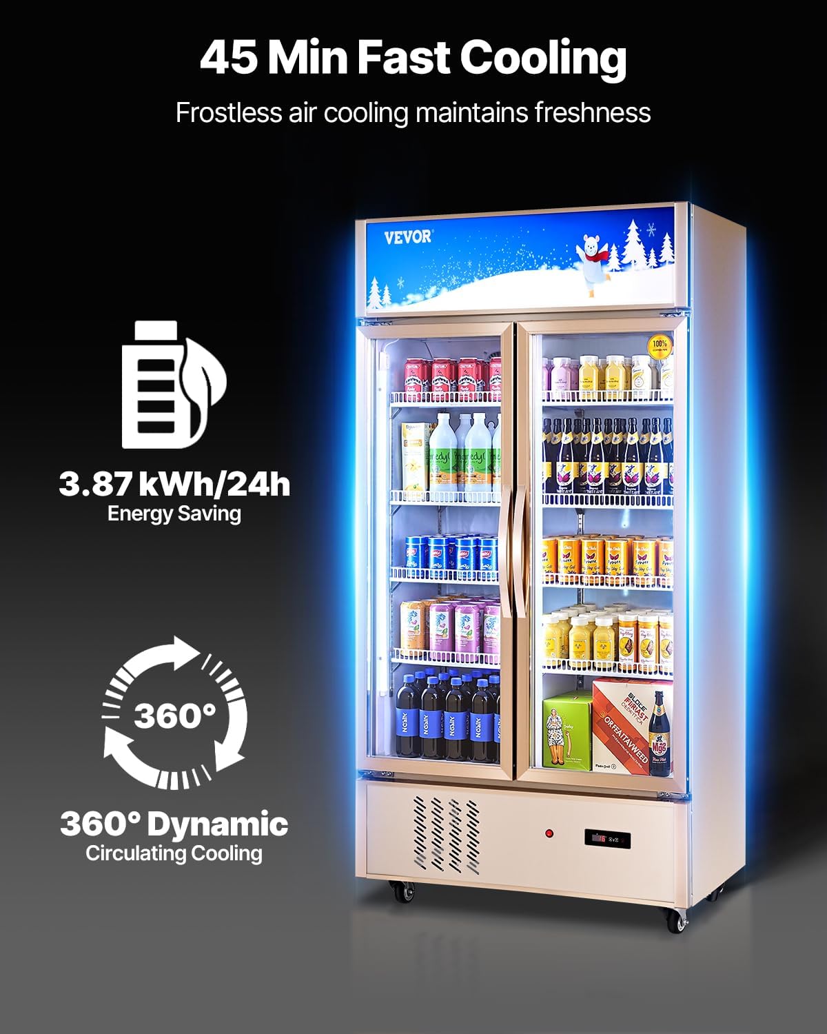 VEVOR Commercial Merchandiser Refrigerator 2 Glass Doors, 23 Cubic Ft, Upright Display Beverage Cooler 79' Tall x 39.4' Width, Fridge with LED Lighting for Drink Wine Soda, Gold