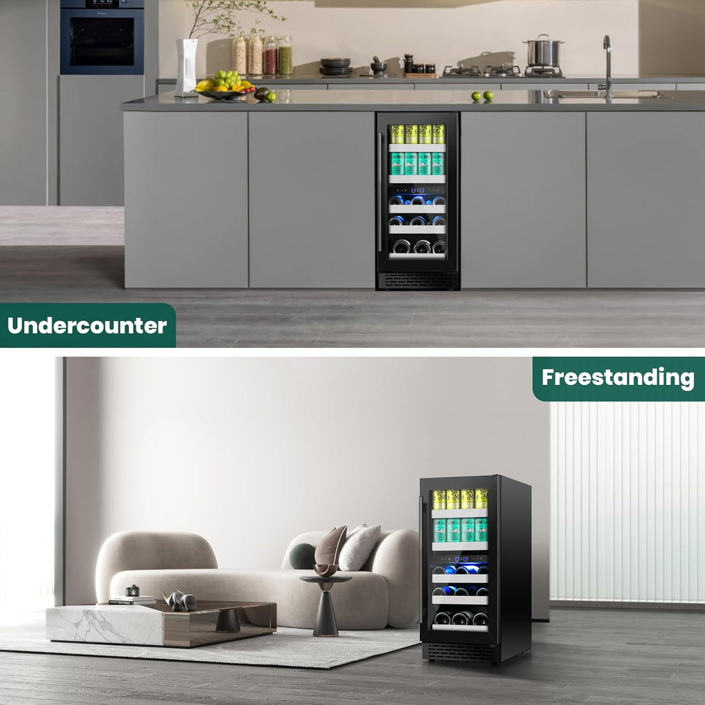 15 Inch Wine and Beverage Refrigerator,13 Bottle & 48 Cans Black Dual Zone Beverage Refrigerator,Under Counter Beverage Fridge with Glass Door,Control Panel for Wine Soda,Beer-Kitchen Home