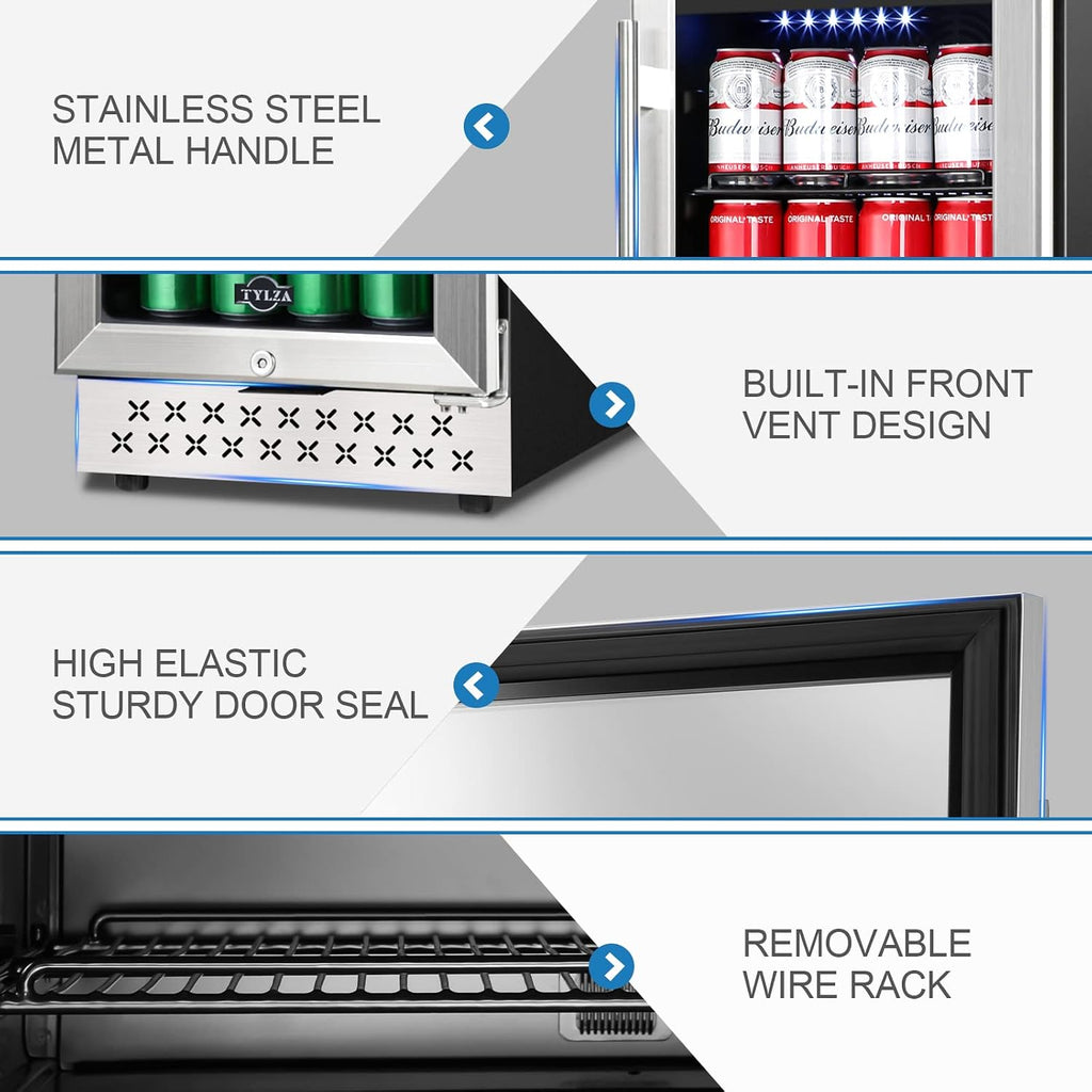 Tylza 15 Inch Beverage Refrigerator, 130 Cans Quiet Beverage Fridge, 15'' Beverage Cooler Under Counter with Glass Door and Lock for Built-in or Freestanding With Temperature Memory Function TYBC100