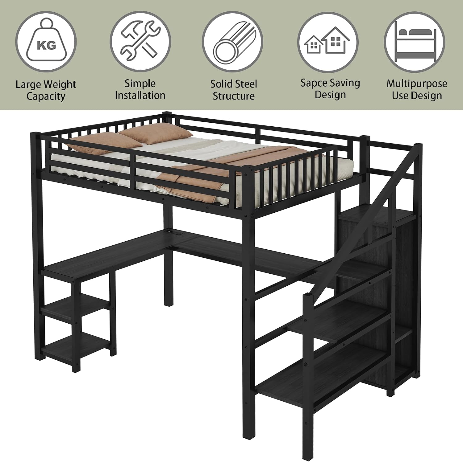 Full Size Loft Bed with Stairs and Desk, Metal Gaming Loft Bed with RGB LED Light, Heavy-duty Steel Loft Bed Frame with Storage Wardrobe, Shelves and Charging Station for Adults Kids Teens, Black