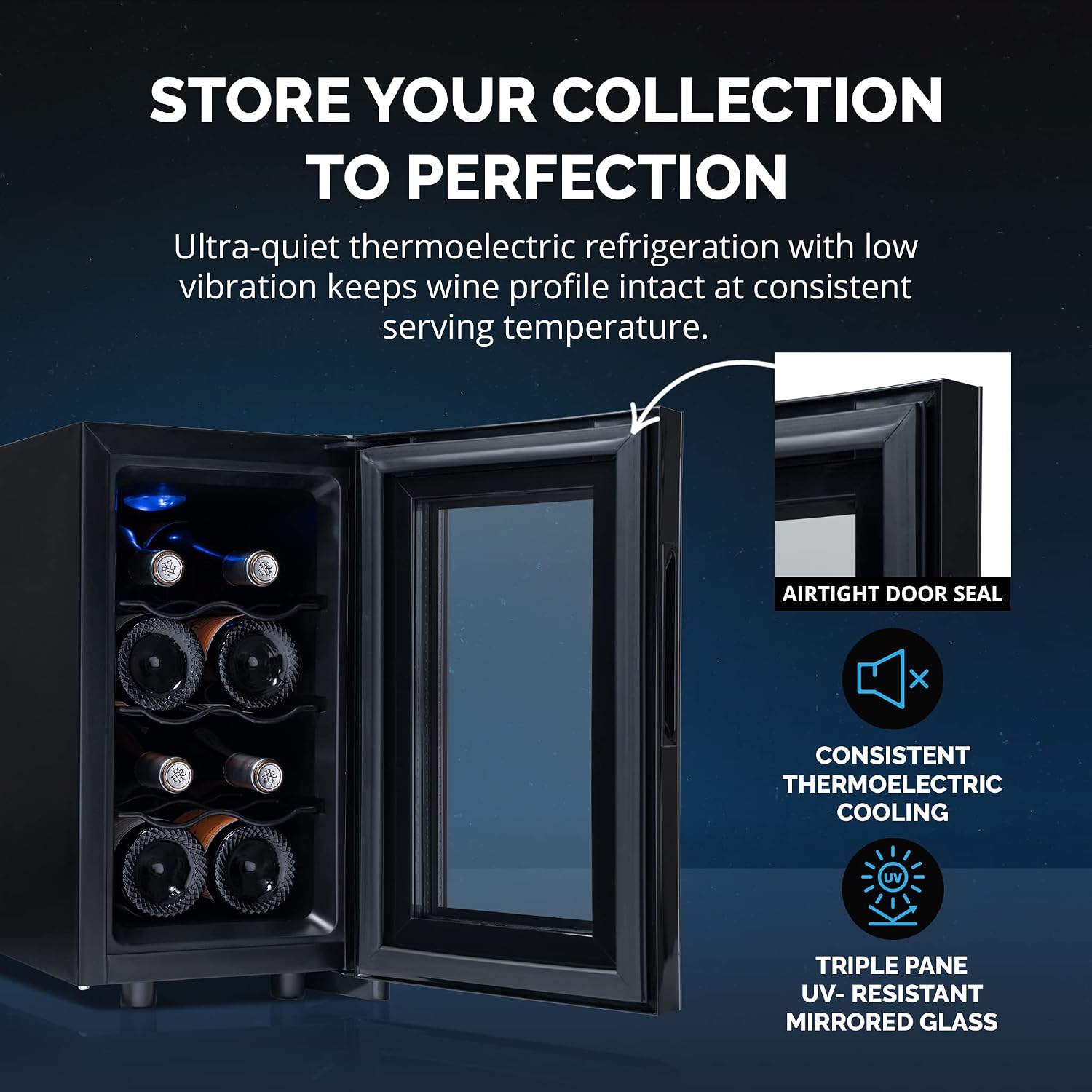 NewAir Shadow-T Series 8 Bottle Thermoelectric Wine Fridge, Countertop Wine Refrigerator, Mirrored Compact Wine Cellar, Triple-Layer Glass Door Cooler, Vibration-Free & Ultra-Quiet Cooling