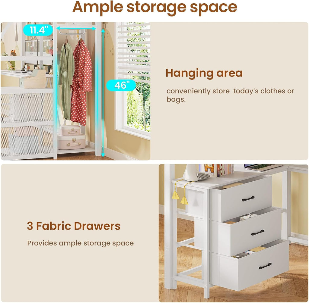 Itaar Stairway Twin Size Loft Bed with L Shaped Desk and Wardrobe, Metal Loft Bed Frame with Stairs, 3 Fabric Drawers, LED Lights & Charging Sation, No Noise & No Box Spring Needed, White