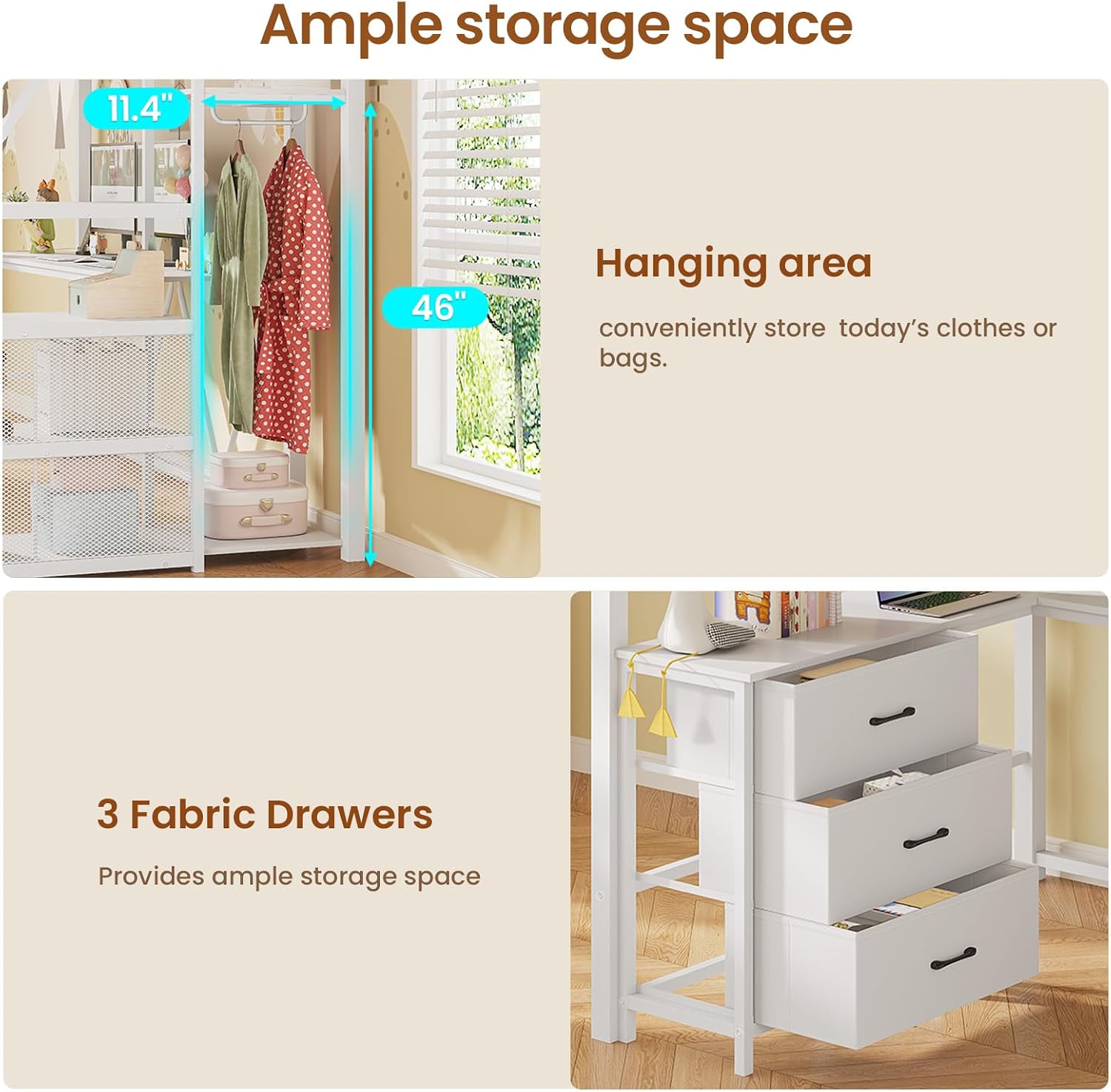 Itaar Stairway Twin Size Loft Bed with L Shaped Desk and Wardrobe, Metal Loft Bed Frame with Stairs, 3 Fabric Drawers, LED Lights & Charging Sation, No Noise & No Box Spring Needed, White
