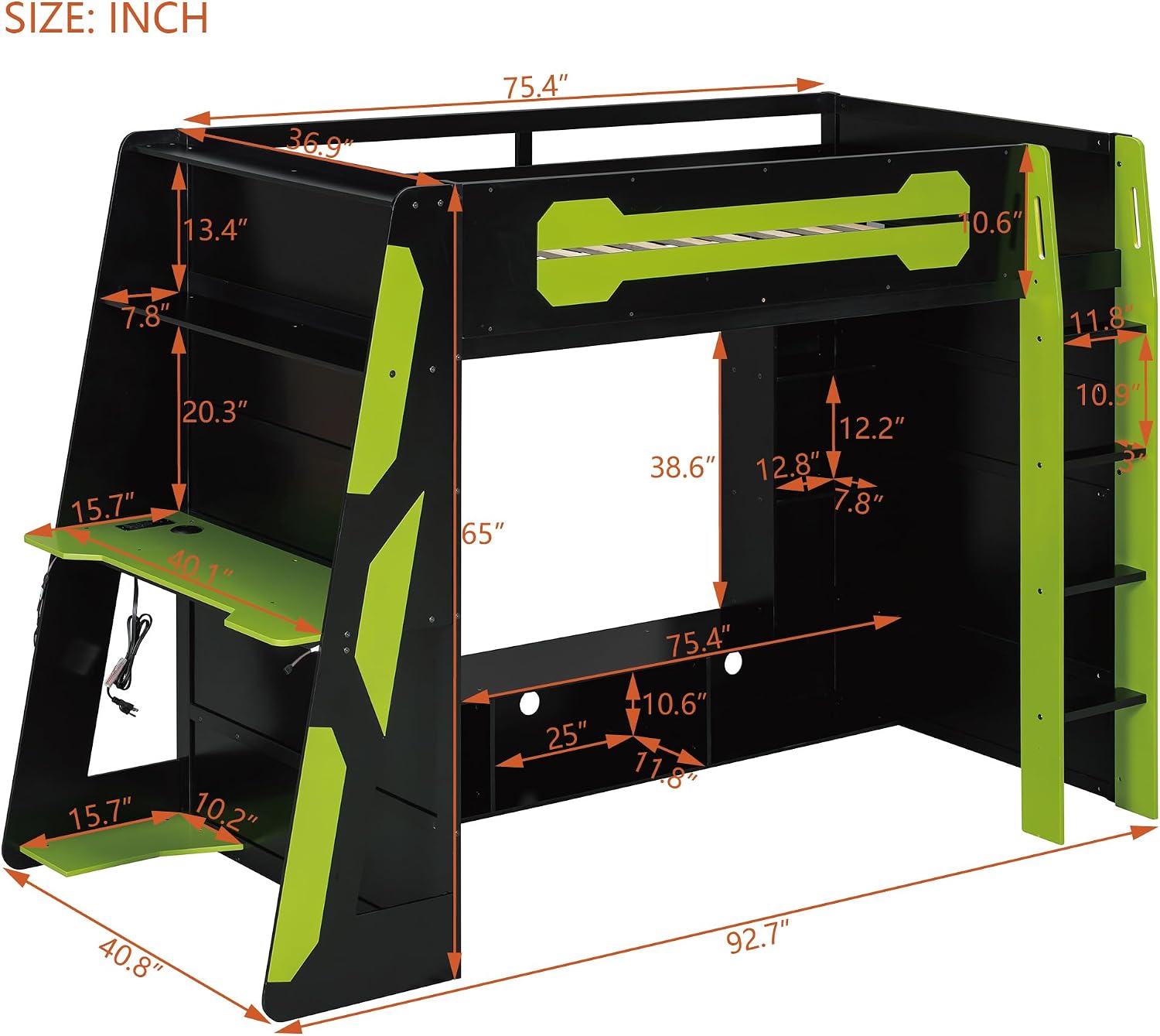 LUMISOL Twin Size Gaming Loft Bed with Desk, RGB LED Lights & Charging Stations, Wood Loft Bed Frame with Storage Bookshelves for Kids, Teens & Adults, Green + Black