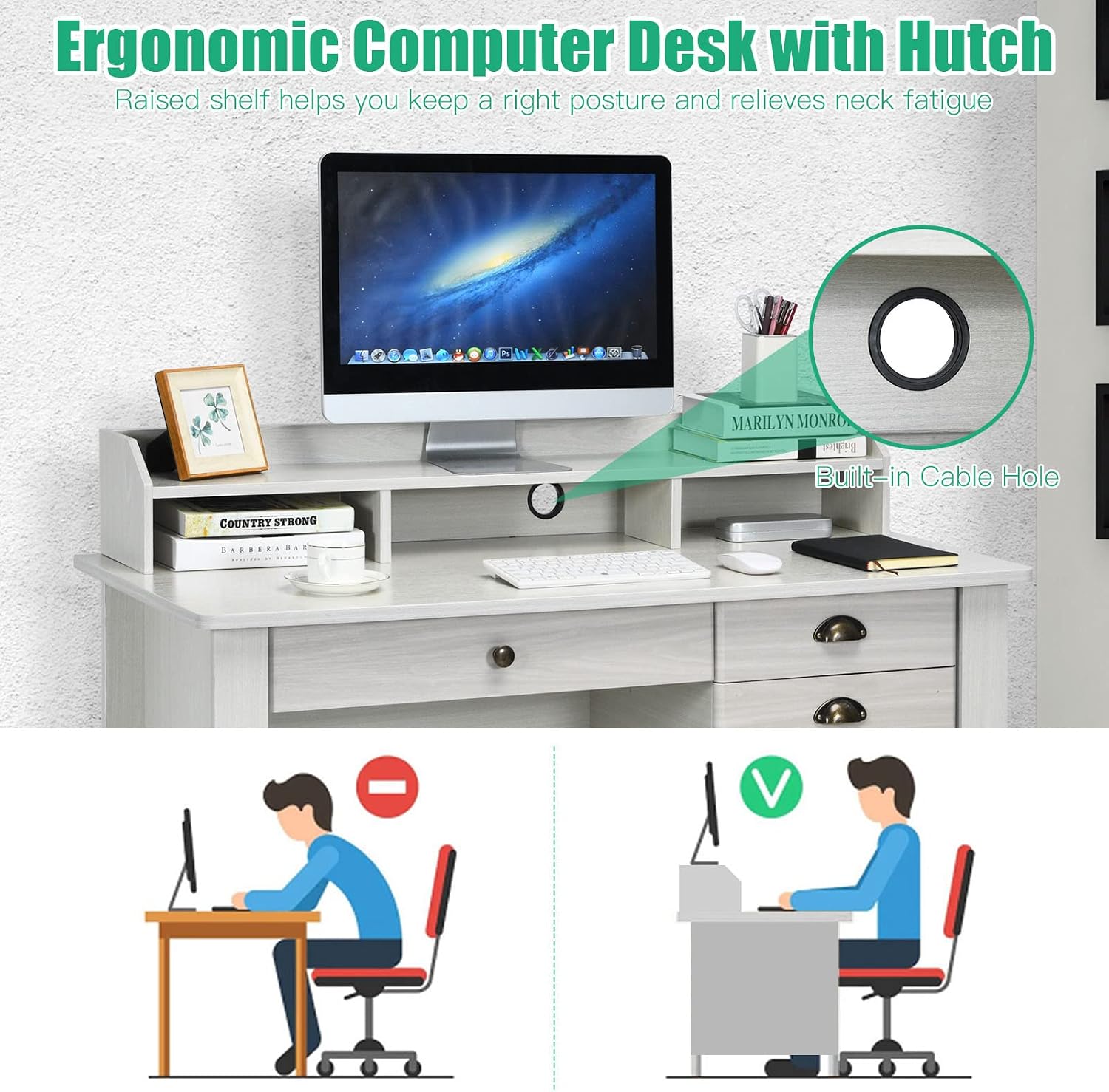 Tangkula White Desk with 4 Storage Drawers & Hutch, Home Office Computer Vintage Desk, Writing Study Table with Storage Shelves, Wooden Executive Desk (White)