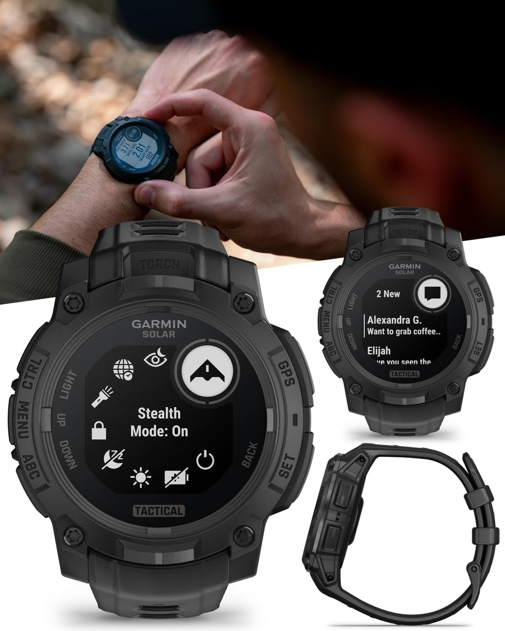 Garmin Instinct 3 Tactical Edition, Solar Charging Display, 45mm, Rugged Outdoor GPS Smartwatch, Applied Ballistics Support, LED Flashlight, Multi-Band GPS White Earbuds Bundle