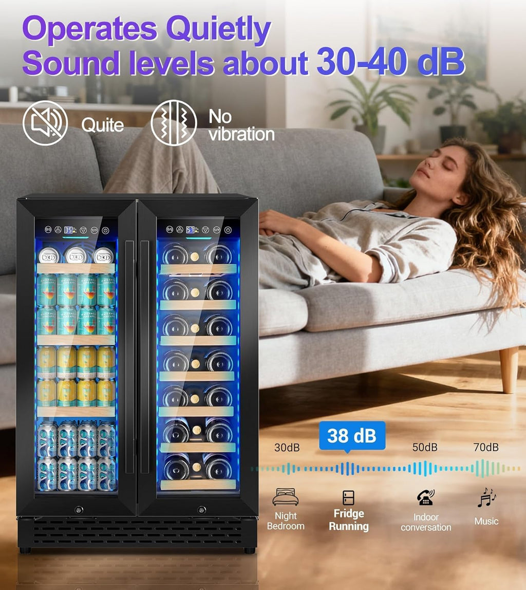24'' Wine and Beverage Refrigerator, 4.2 Cu. Ft. Dual Zone Wine Fridge with RGB Lights French Door Intelligent Control Advanced Compressor Under Counter Cooler for Outdoor Kitchen Bar Gift Black