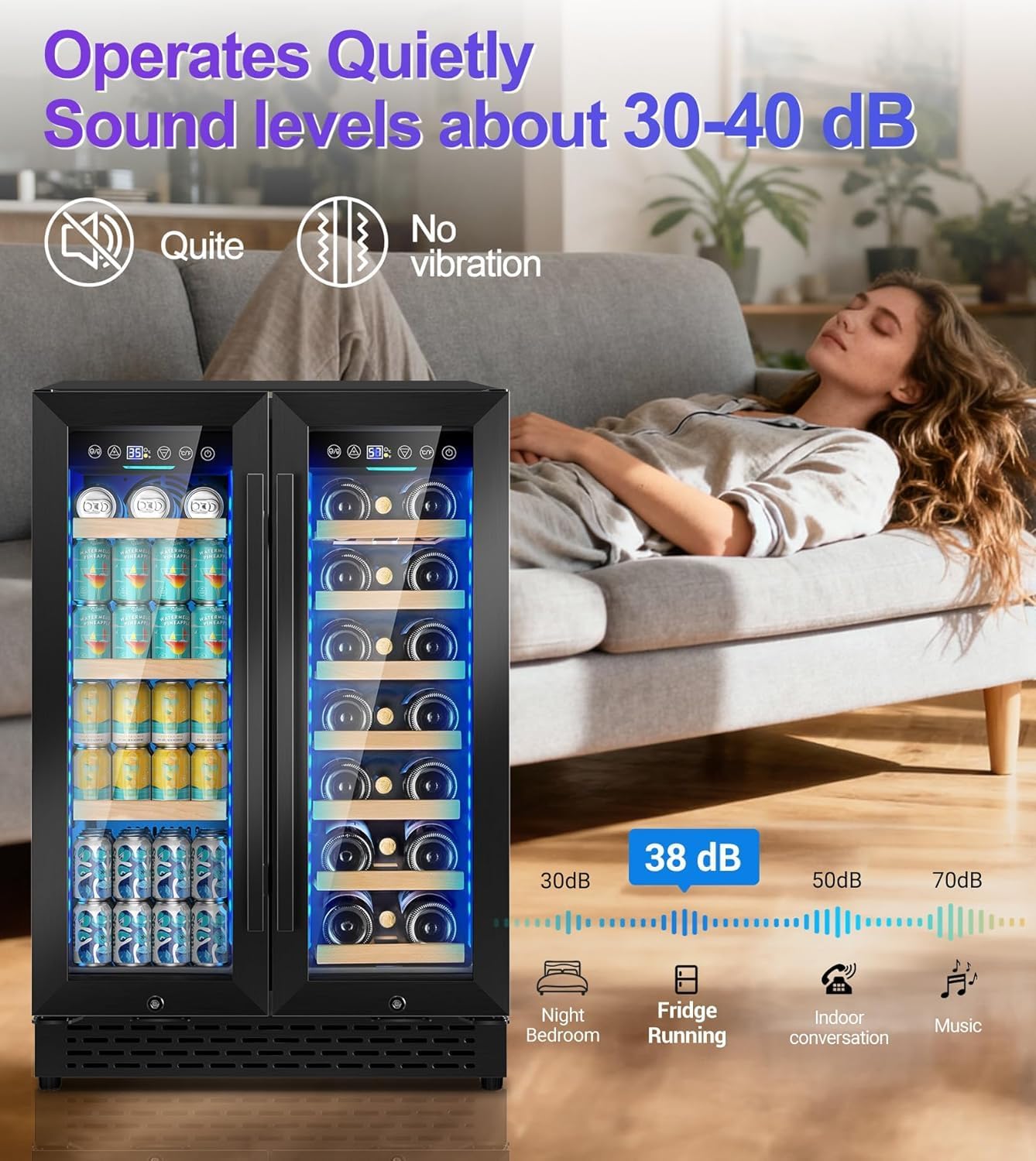 24'' Wine and Beverage Refrigerator, 4.2 Cu. Ft. Dual Zone Wine Fridge with RGB Lights French Door Intelligent Control Advanced Compressor Under Counter Cooler for Outdoor Kitchen Bar Gift Black