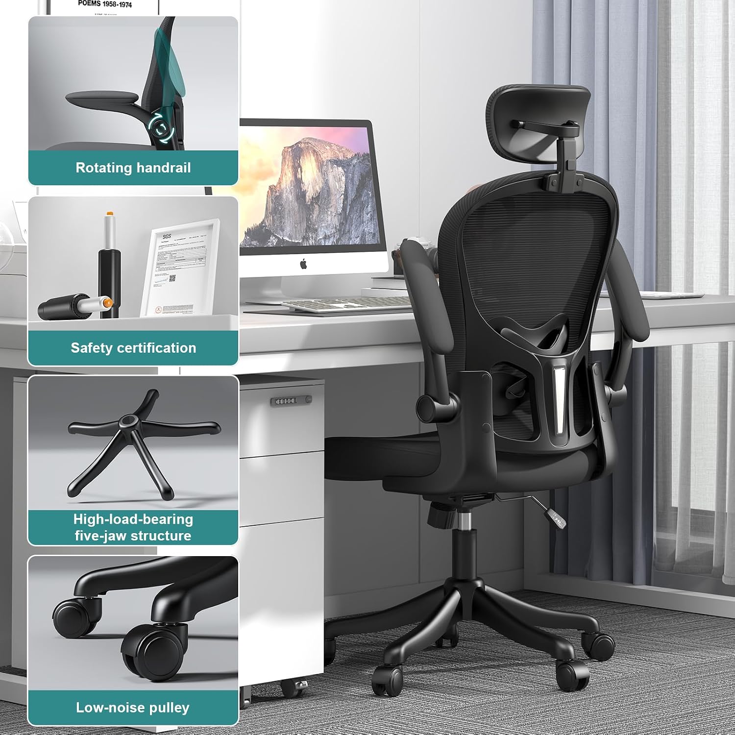 Mesh Office Chair with Adjustable Lumbar Support and Headrest, Ergonomic High Back Task Chair for Home Office, Flip-Up Arms 90-120° Tilt Lock Rolling Swivel Work Chairs(Black6065)