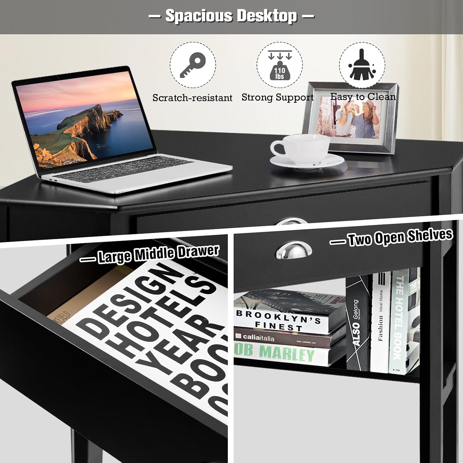Corner Computer Desk, Space-Saving Corner Table with Drawer & Shelves, Home Office 90° Triangle Corner Workstation, Modern Makeup Vanity Table, Small Corner Desk for Small Spaces (Black)