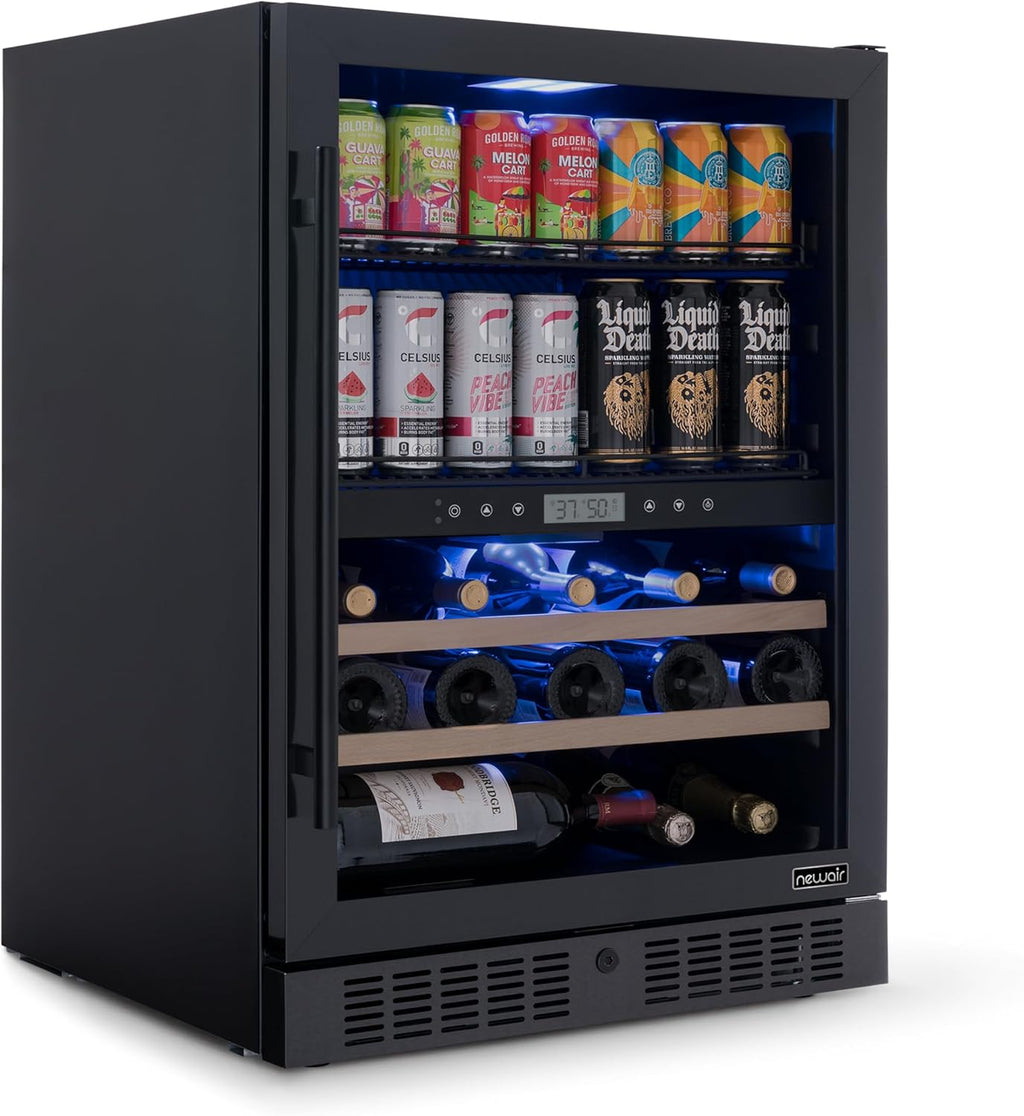NewAir 24' Dual Zone Beverage Refrigerator & Wine Cooler for 24 Bottles & 100 Cans | Freestanding or Built-In Under Counter Mini Fridge for Beer, Wine and Soda | Stainless Steel