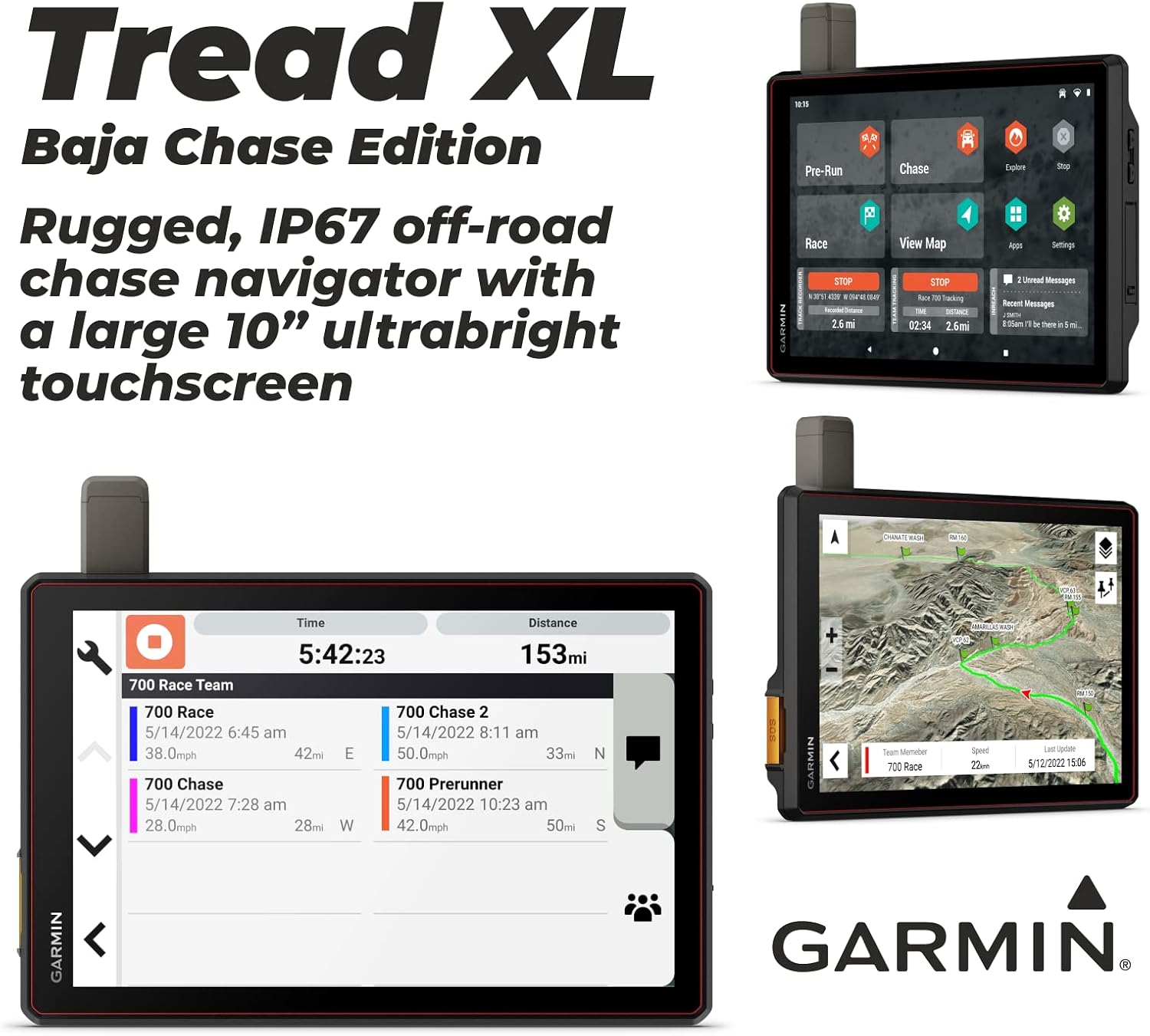 Garmin Tread XL - Baja Chase Edition, Rugged, ultrabright 10' Off-Road Chase Navigator, Portable GPS for Baja Support Trucks, Team Tracking with Built-in inReach Satellite Communication