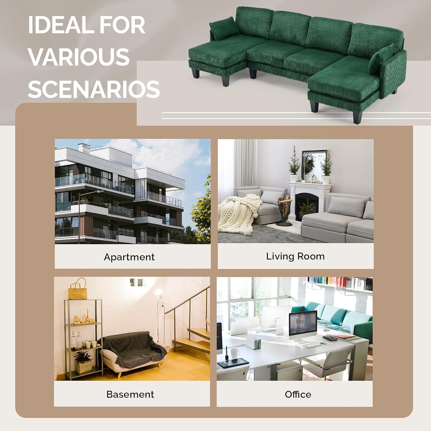 VINGLI 108' W U-Shaped Sectional Couches for Living Room, Sturdy Wooden Armrest Corduroy Cloud Couch with Double Chaise, High Support Modern 4-Seat Sectional Sofa for Apartment, Offices, Dark Green