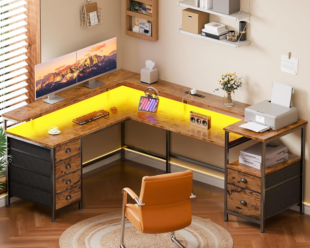 Furologee 95' Two Person Computer Gaming Desk, Long 2 Person Home Office Desk with 6 Drawers & Storage Shelves, Double Table with Power Outlets, LED Lights and Full Monitor Shelf, Rustic Brown