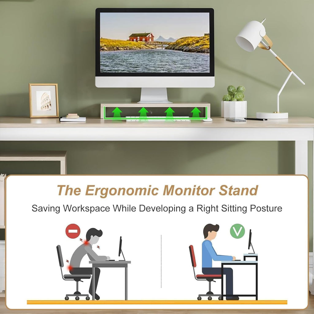 MaverickFurni 55' L Shaped Desk with Drawers and Shelves, Home Office Desk with Monitor Stand for Work Writing Study, Reversible Corner Desk with Storage, White and Walnut