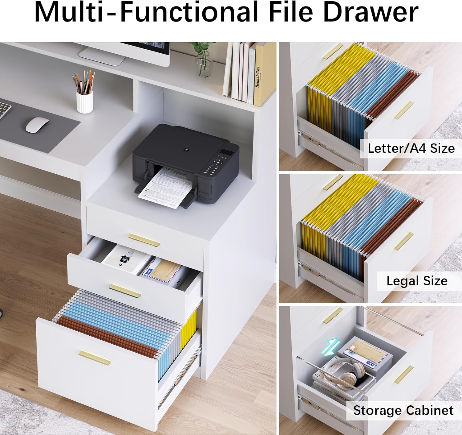 YOMILUVE Computer Desk with 3 Drawer & Storage Shelves, Home Office Desk with File Drawer & Cabinet, Writing Study Table with Long Monitor Stand & Printer Shelf, Executive Desk, White