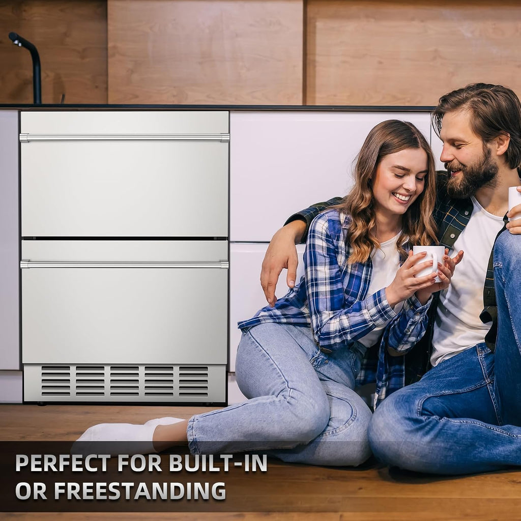 Mojgar 24 Inch Under Counter Double Drawer Fridge,Two Drawer Refrigerator Indoor Beverage Refrigerator, Stainless Steel Beverage Fridge for Home & Commercial Use (Foam Door)