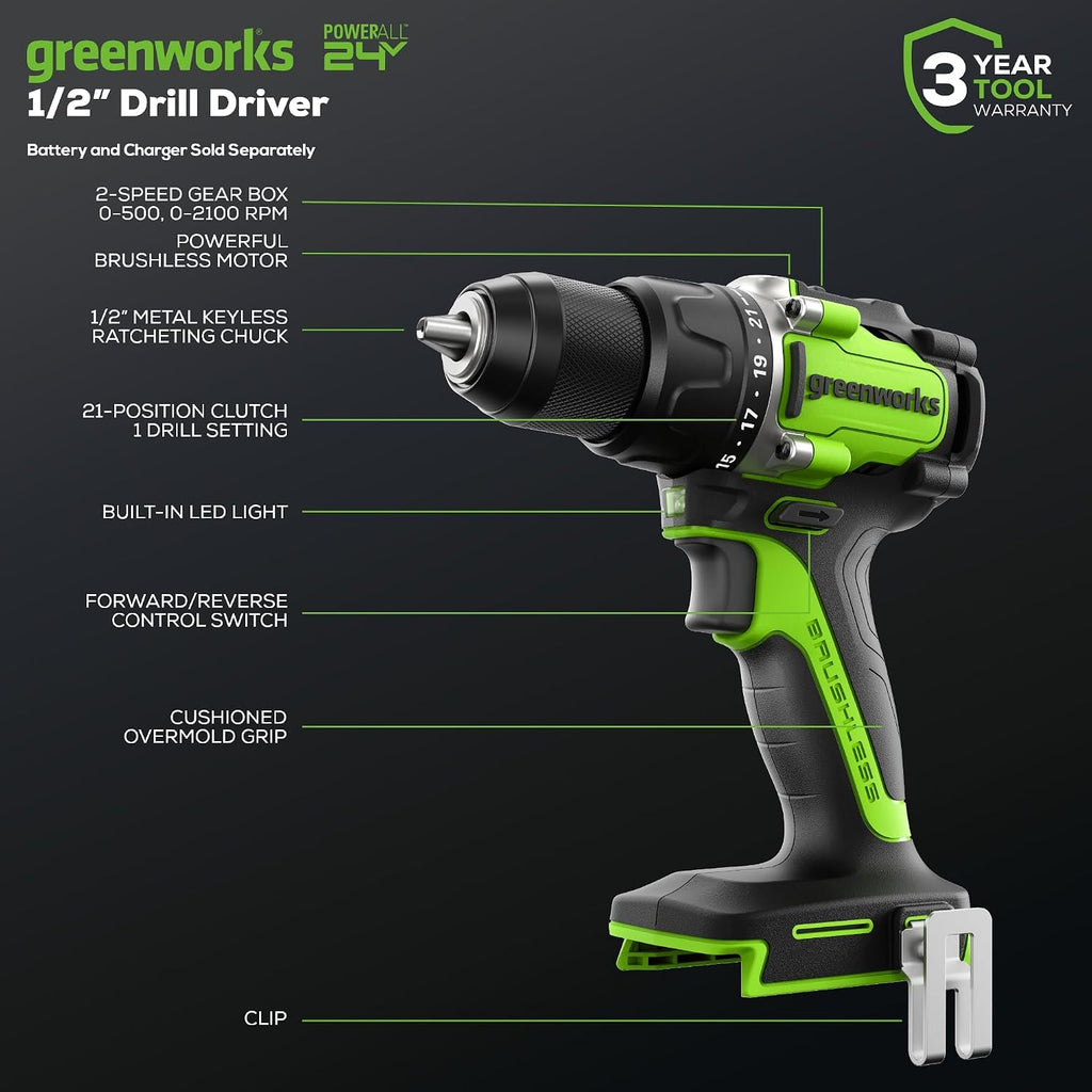 Greenworks 24V Brushless Cordless Compact 1/2 in. Drill/Driver Kit (Keyless Ratcheting Metal Chuck /530 in.-lbs. /21+1 Clutch Position/LED Light), 2×2Ah Battery and Fast Charger Included