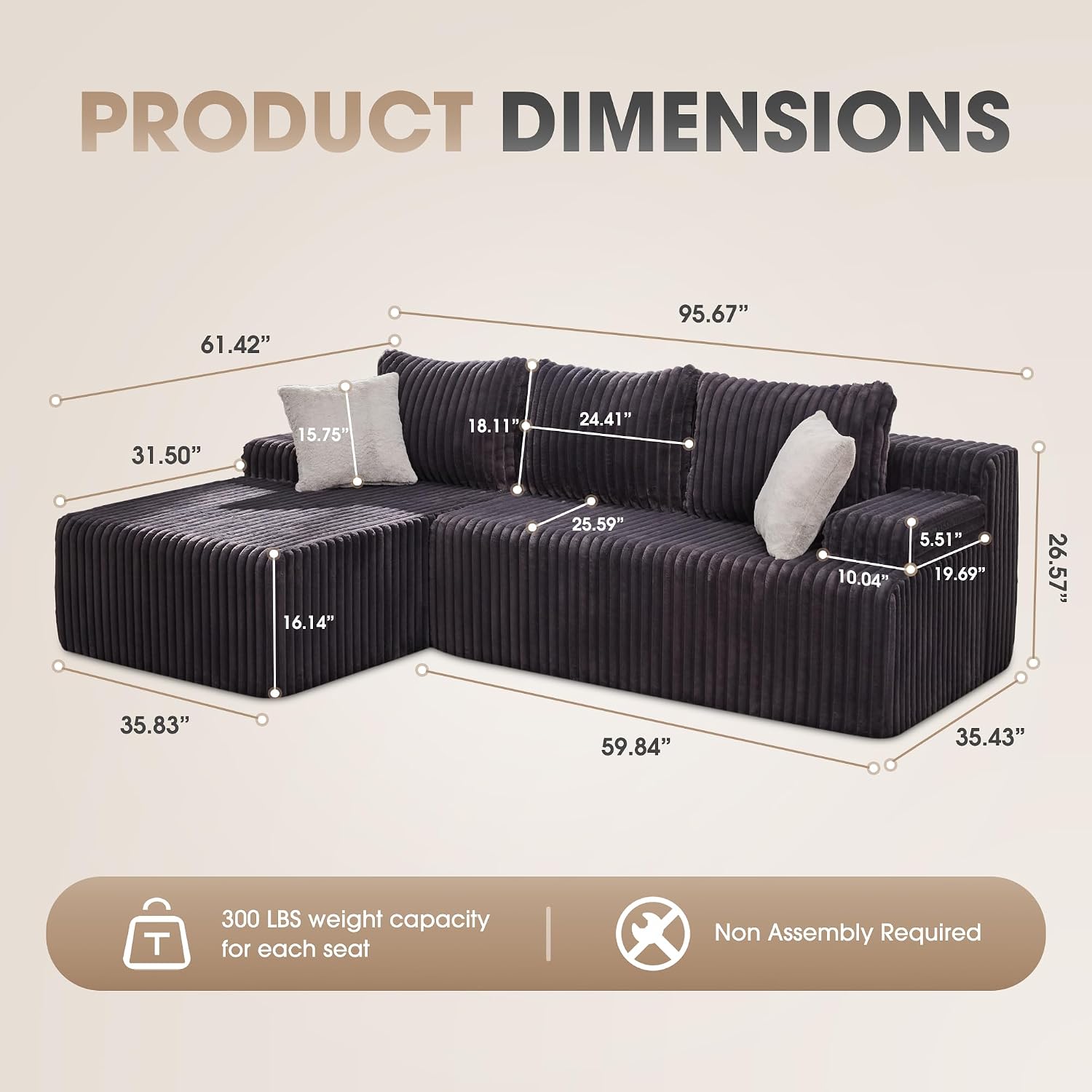 Hobestluk Modular Sectional Sofa Couches L-Shape Couch 3 Seat Modular Sofa Memory Foam Sectional Couches for Living Room, Cloud Couch with Oversized Chaise (96' Left Facing Chaise)