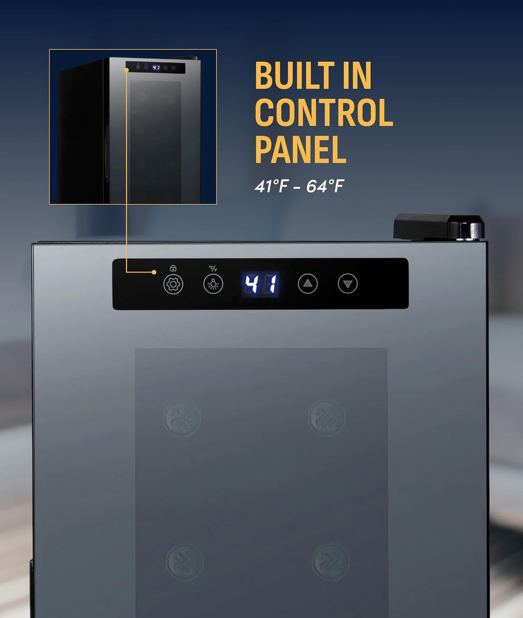 NewAir 10' Wine Fridge for 12 Bottles | Freestanding Wine Cooler Refrigerator with Glass Door | Compact Countertop Storage with Precision Cooling & Quiet Operation | Black