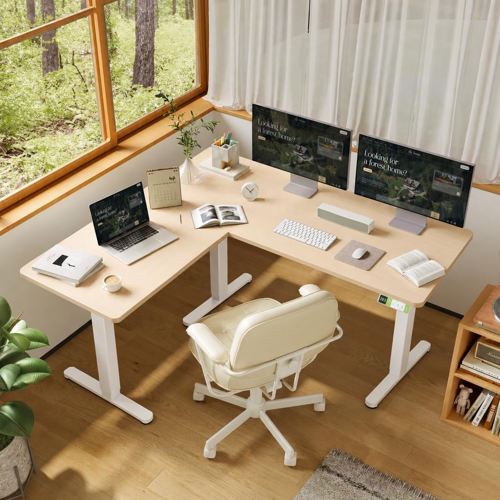 Claiks L Shaped Height Adjustable Electric Standing Desk with Dual Motors and Headphone Hook,59' Corner Sit Stand Desk with Memory Presets for Home Office & Gaming, Natural