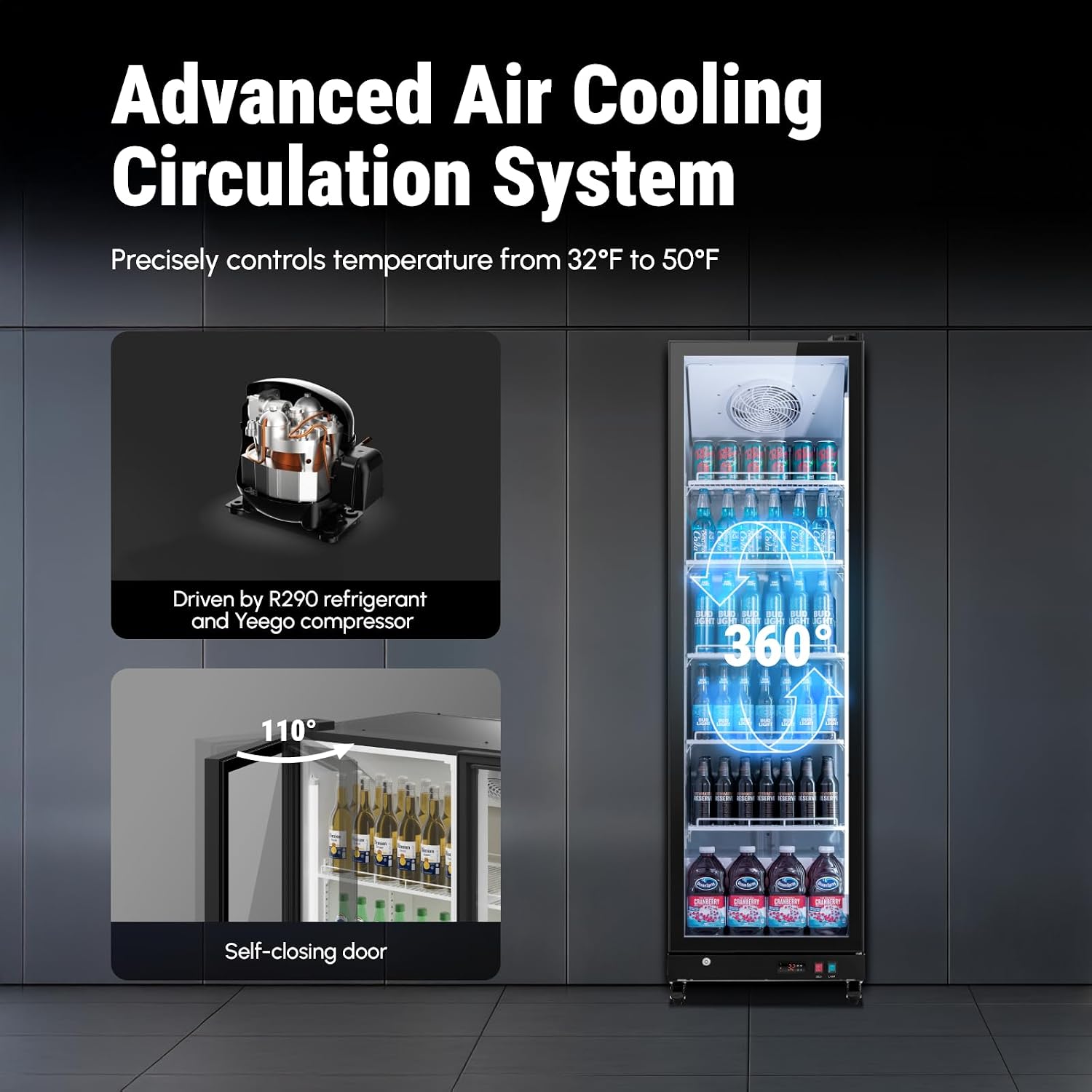 Yeego Commercial Display Beverage Refrigerator - 12.36 Cu.ft Vending Machine with LED Light and Adjustable Shelves, Drink Cooler 32-50°F for Supermarkets Business Grocery Stores Offices Home