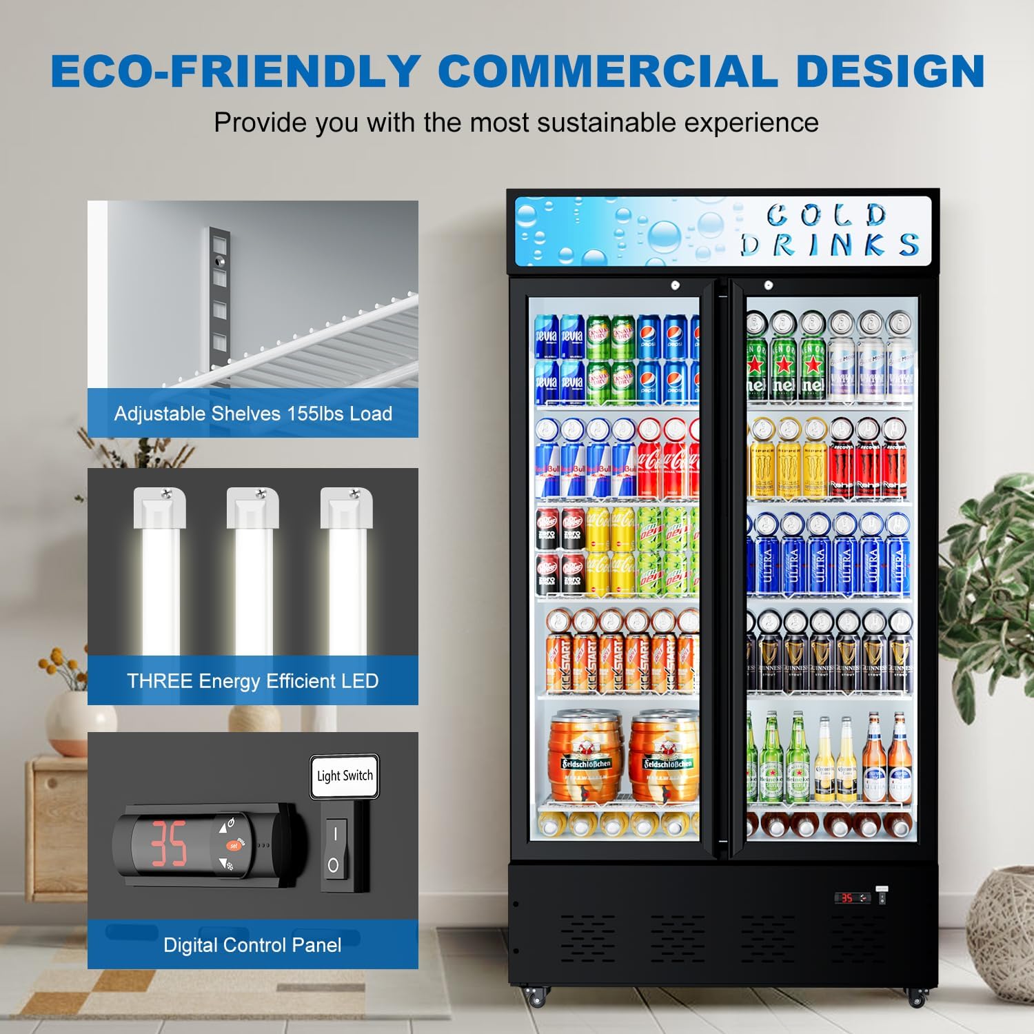 41.3''W Commercial Beverage Refrigerators, 30 Cu.ft. Glass Door Refrigerator Upright Display Cooler with Soft LED Light and Adjustable Shelves for Restaurant Grocery Stores Home