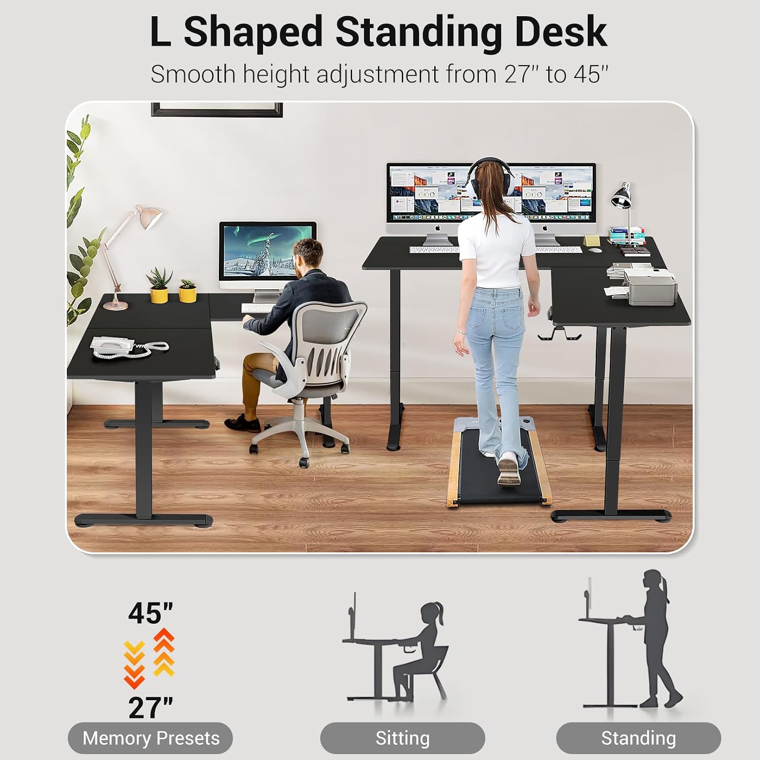 63' L Shaped Standing Desk,Electric Height Adjustable Corner Stand Up Desk, Ergonomic Sit Stand Home Office Computer Desk with Splice Board (Black)